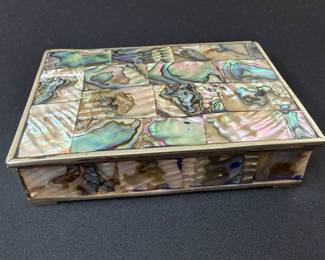 Vtg Abalone Inlay Brass Trinket Box