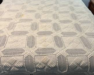 Vtg White Crocheted Coverlet WSquares, Popcorn  Fringe