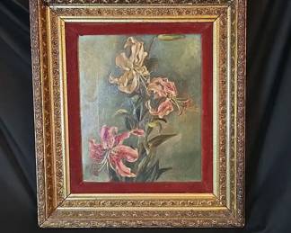 Vintage Framed Painting Of stargazer Lilies
