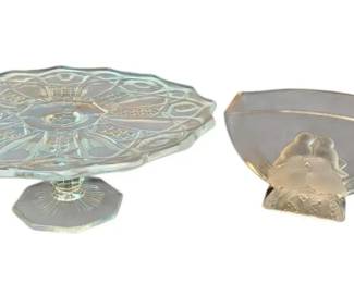 Vintage Glass Quintec Pattern Pedestal Cake Stand With Verlys Art Glass Frosted Love Birds Vase