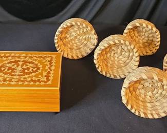Swiss Musical Movement Box  Woven Pineneedle Catch All Baskets