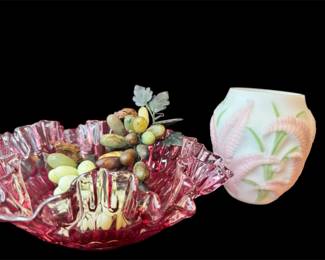 Phoenix Consolidated Glass Vase In The Fern Pattern With A Cranberry Fenton Glass Bowl