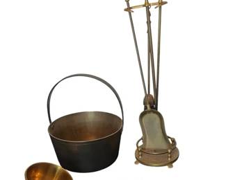 Antique Brass Pot, Ladle  Vintage Fireplace Toolset