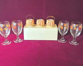Lenox China Pumpkin Votive Set  4 Libbey Fall Leaves Stemware Goblets