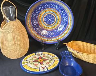 Pier 1 Italian Swirl Salad Bowl And Trivet, Basket Style Wine Holder And Bread Basket