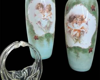 Antique Style Porcelain Vase Pair w Romantic Scenes And Murano Basket