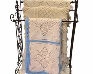 Wrought Iron Quilt Rack W 3 Handmade Crochet Afghans