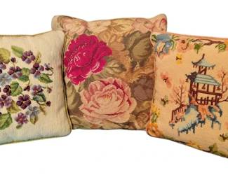 Vintage Floral And Oriental Needlepoint Pillow Bundle