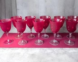 Set Of 10 Vintage Ruby Red Colored Goblets With Clear Stems