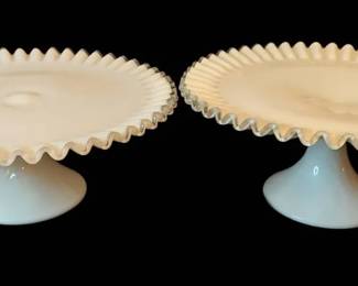 Vintage Fenton MilkGlass Pedestal Cake Stand Pair  Ribbon and Silvercrest