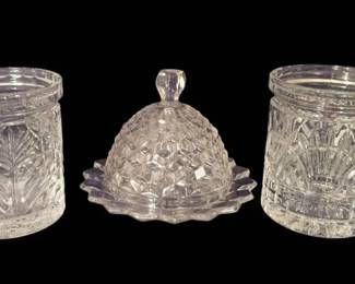 Vintage Early American Fostoria Glass Butter Dish With Fifth Avenue Crystal Buscuit Jar Pair