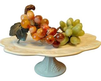 Vintage MilkGlass Pedestal Cake Stand With Stone Grape Clusters