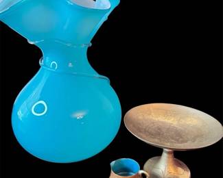 Vintage Handblown Cased Glass Turquoise Vase W Brassglazed Creamer, Sugar Bowl,