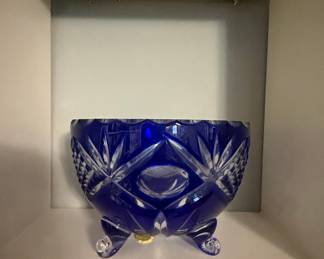Vintage Bohemian Cobalt Blue Cut-to-Clear Crystal Footed Bowl with Starburst and Diamond Patterns