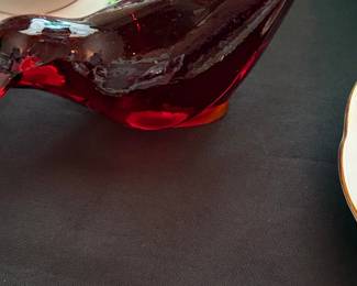 Vintage Ruby Red Art Glass Long-Tail Bird Figurine, possibly Fenton or similar