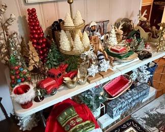 Assorted Holiday Decorative Collection with Red Truck and Tiered Stand