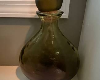 Mid-Century Modern Green Glass Decanter with Orb Stopper - Possibly Bischoff