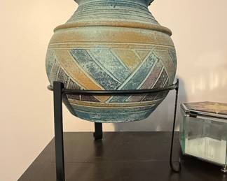 Vintage Southwestern Etched Pottery Vase on Stand