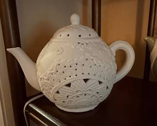 White Embossed & Cutout Teapot Accent Lamp