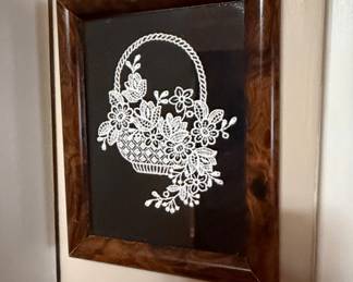 Vintage Framed Lace Floral Basket Art