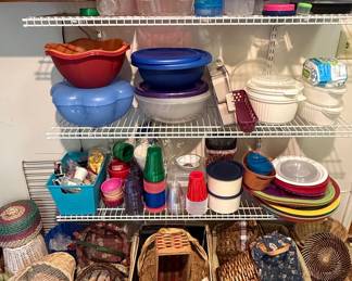 Assorted Vintage and Modern Plastic Kitchenware, Woven Baskets, and Storage Solutions Collection