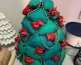 Handmade Stuffed Fabric Christmas Tree Decoration with Beads and Bows