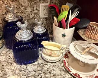Artland Cobalt Blue Glass Canisters with Rooster Pewter Lids Set of 3