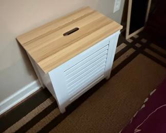 White Louvered Storage Bench with Natural Wood Top