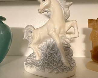 Vintage Ceramic Rearing Unicorn Figurine with Floral Base