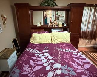 Queen Size Pier Wall Storage Headboard with Integrated Cabinetry and Mirror