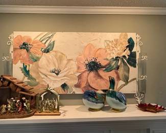 Decorative Floral Canvas and Ceramic Duck Figurines