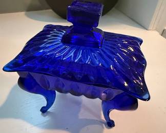 Vintage Cobalt Blue Pressed Glass Bird Trinket Dish
