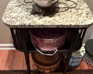 Vintage Black Metal and Granite Top Plant Stand