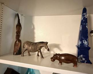 Collection of African Hand-Carved Wooden Figurines and Chinoiserie Obelisk