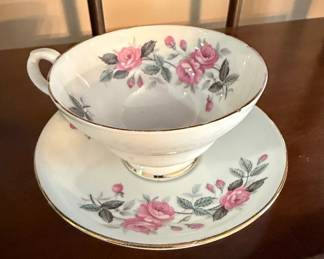 Vintage Queen Anne Bone China Teacup and Saucer Set, Pink Roses, Gold Trim