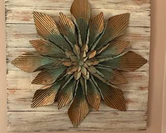 Corrugated Metal Floral Wall Art on Whitewashed Wood Plaque