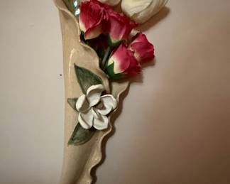 Pottery Cornucopia Vase with Applied Roses