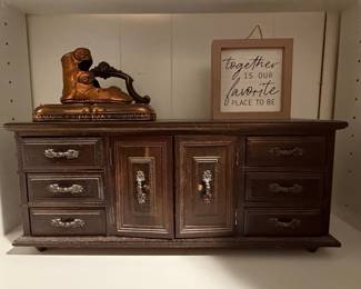 Vintage Wooden Jewelry Armoire with Metal Shoe Form Decor
