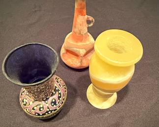 Collection of Three Decorative Vases: Enamelware, Terracotta, and Onyx