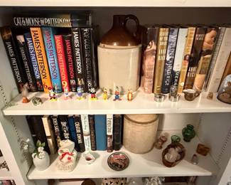 Collection of James Patterson and Anne Rice Hardcover Books, Stoneware Jug, and Disney Miniatures
