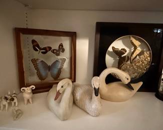 Collection of Vintage Swan Figurines and Framed Butterfly Taxidermy