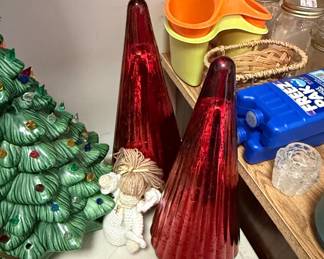 Pair of Red Ribbed Mercury Glass Cone Christmas Tree Figurines