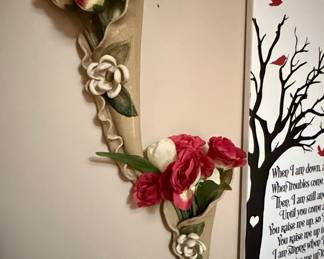 Pair of Vintage Ceramic Cornucopia Wall Pockets with Floral Relief and Artificial Roses