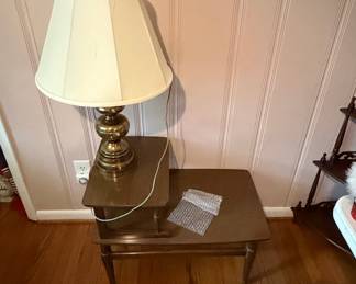 Mid-Century Modern Walnut Two-Tier Step End Table with Brass Ball Lamp