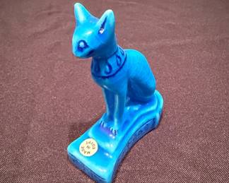 Blue Glazed Ceramic Bastet Cat Figurine - Made in Egypt