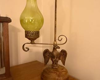 Vintage Brass Eagle Lamp with Green Glass Shade