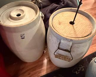 Antique 5-Gallon Stoneware Butter Churns with Cobalt Blue '5' Marking