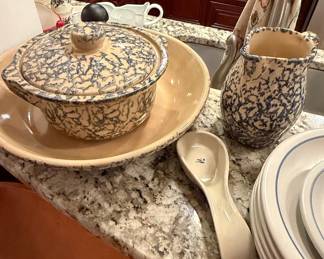 Robinson Ransbottom Blue Spongeware Pitcher and Casserole Dish Set