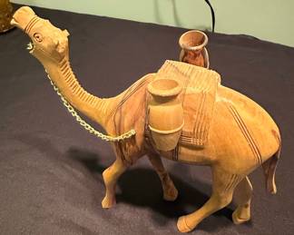 Hand-Carved Olive Wood Camel Figurine with Water Jugs and Chain Harness
