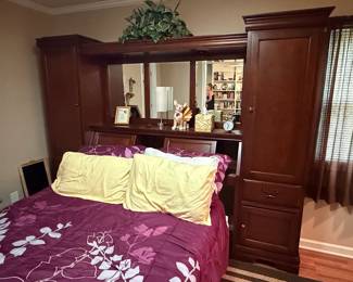 Queen Size Pier Wall Storage Headboard with Integrated Cabinetry and Mirror